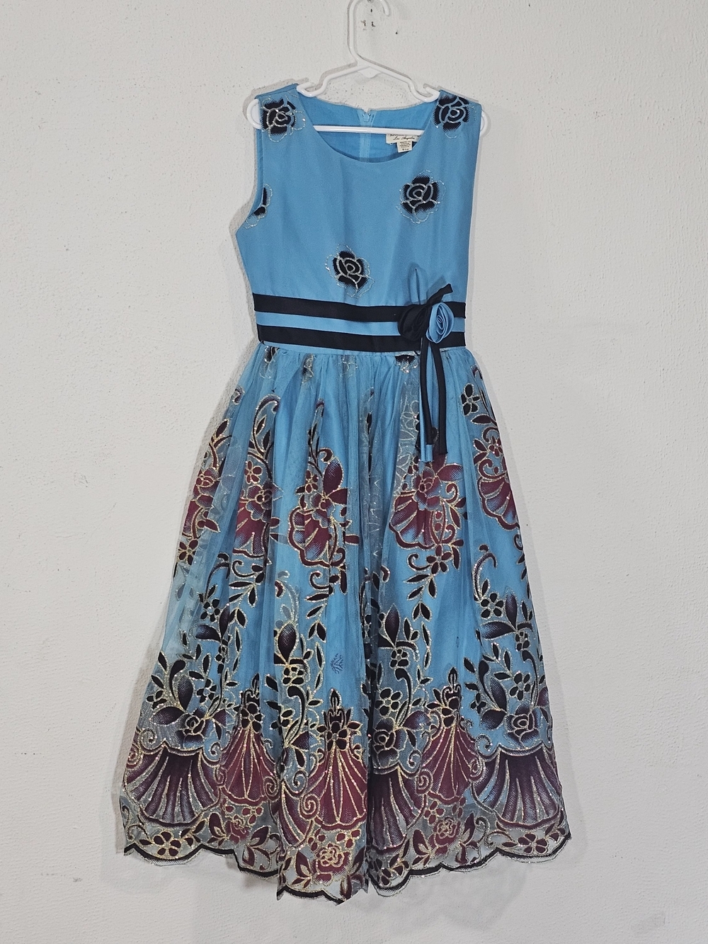 Richie House Girls Dress Size 9/10 Blue Tulle Gold Embroidered Holiday Party Bow